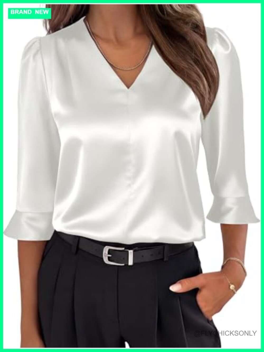 Womens Satin Blouse Pleated V-Neck 3/4 Ruffle Sleeve Dressy Top